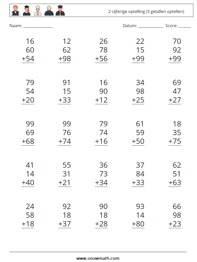 (25) 2-cijferige optelling (3 getallen optellen) Wiskundige werkbladen 15