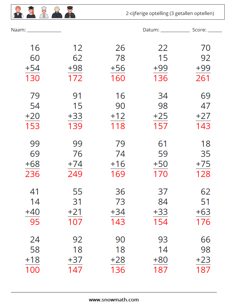 (25) 2-cijferige optelling (3 getallen optellen) Wiskundige werkbladen 15 Vraag, Antwoord