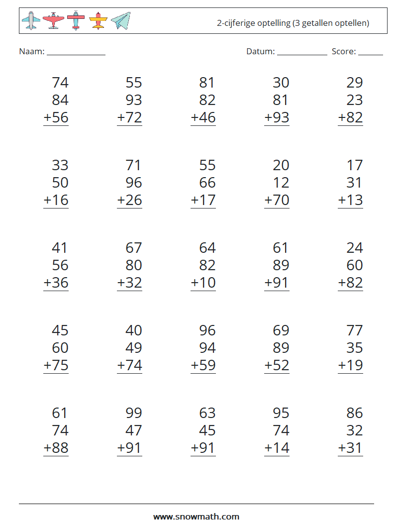 (25) 2-cijferige optelling (3 getallen optellen) Wiskundige werkbladen 16