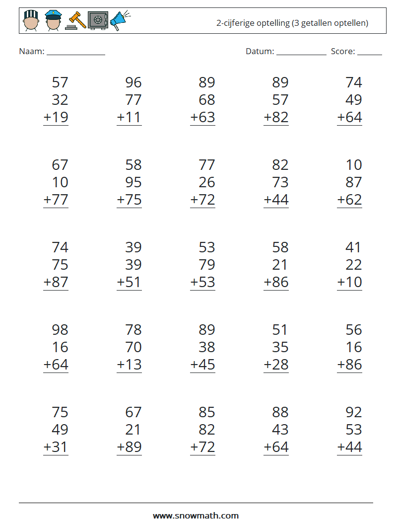 (25) 2-cijferige optelling (3 getallen optellen) Wiskundige werkbladen 17