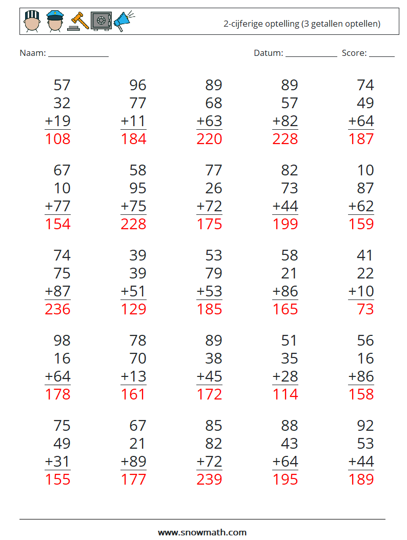 (25) 2-cijferige optelling (3 getallen optellen) Wiskundige werkbladen 17 Vraag, Antwoord