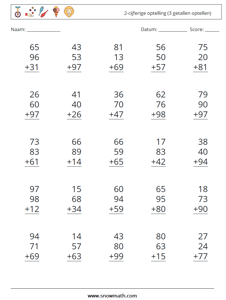 (25) 2-cijferige optelling (3 getallen optellen) Wiskundige werkbladen 18
