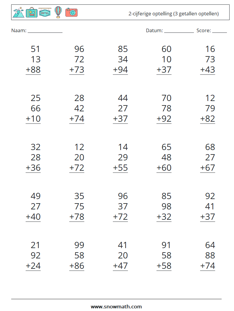 (25) 2-cijferige optelling (3 getallen optellen) Wiskundige werkbladen 6