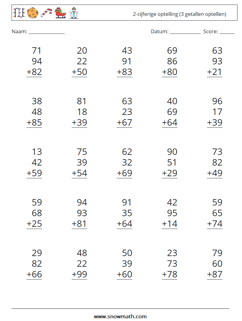 (25) 2-cijferige optelling (3 getallen optellen) Wiskundige werkbladen 7
