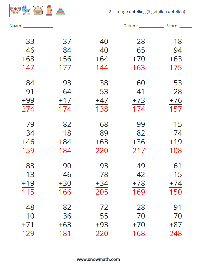 (25) 2-cijferige optelling (3 getallen optellen) Wiskundige werkbladen 8 Vraag, Antwoord