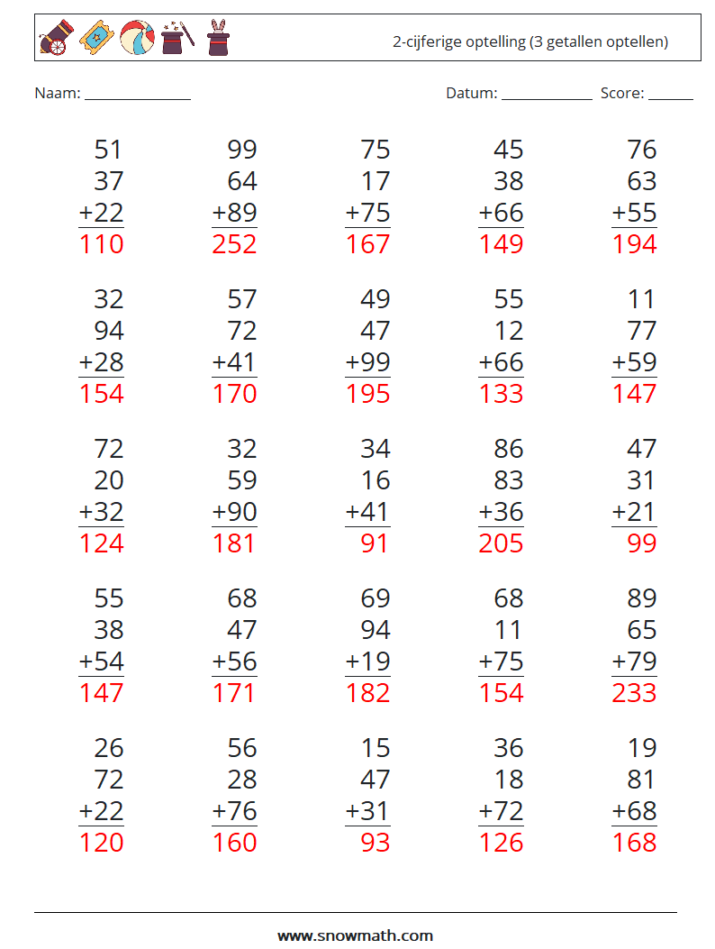 (25) 2-cijferige optelling (3 getallen optellen) Wiskundige werkbladen 9 Vraag, Antwoord
