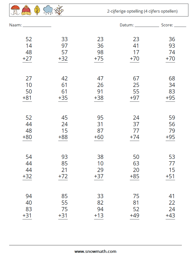 (25) 2-cijferige optelling (4 cijfers optellen) Wiskundige werkbladen 10