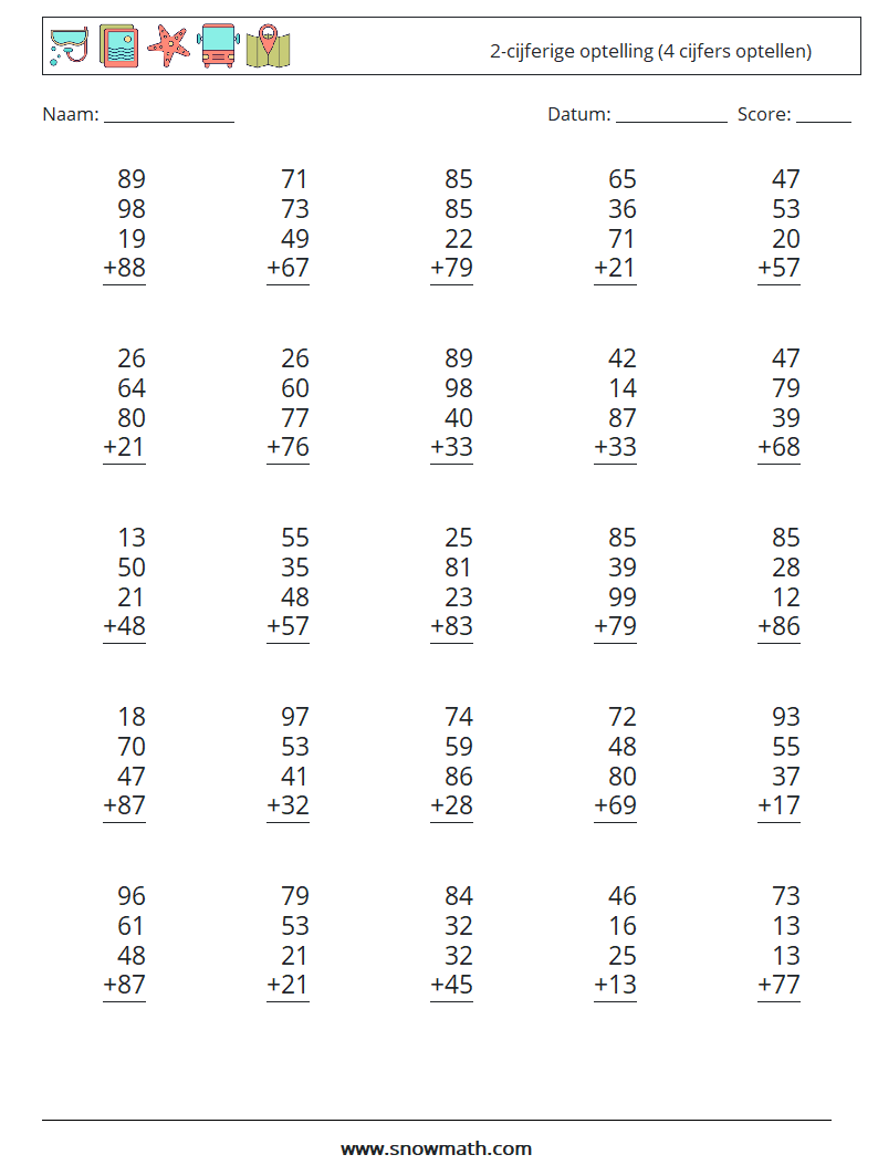 (25) 2-cijferige optelling (4 cijfers optellen) Wiskundige werkbladen 11