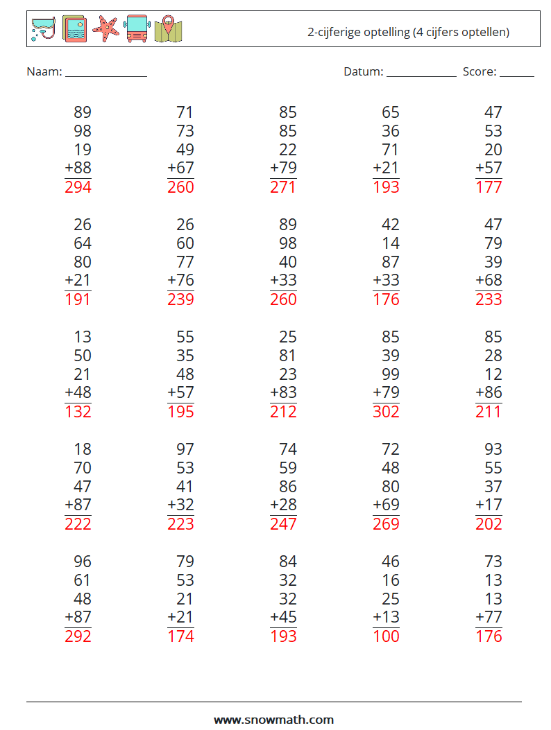 (25) 2-cijferige optelling (4 cijfers optellen) Wiskundige werkbladen 11 Vraag, Antwoord