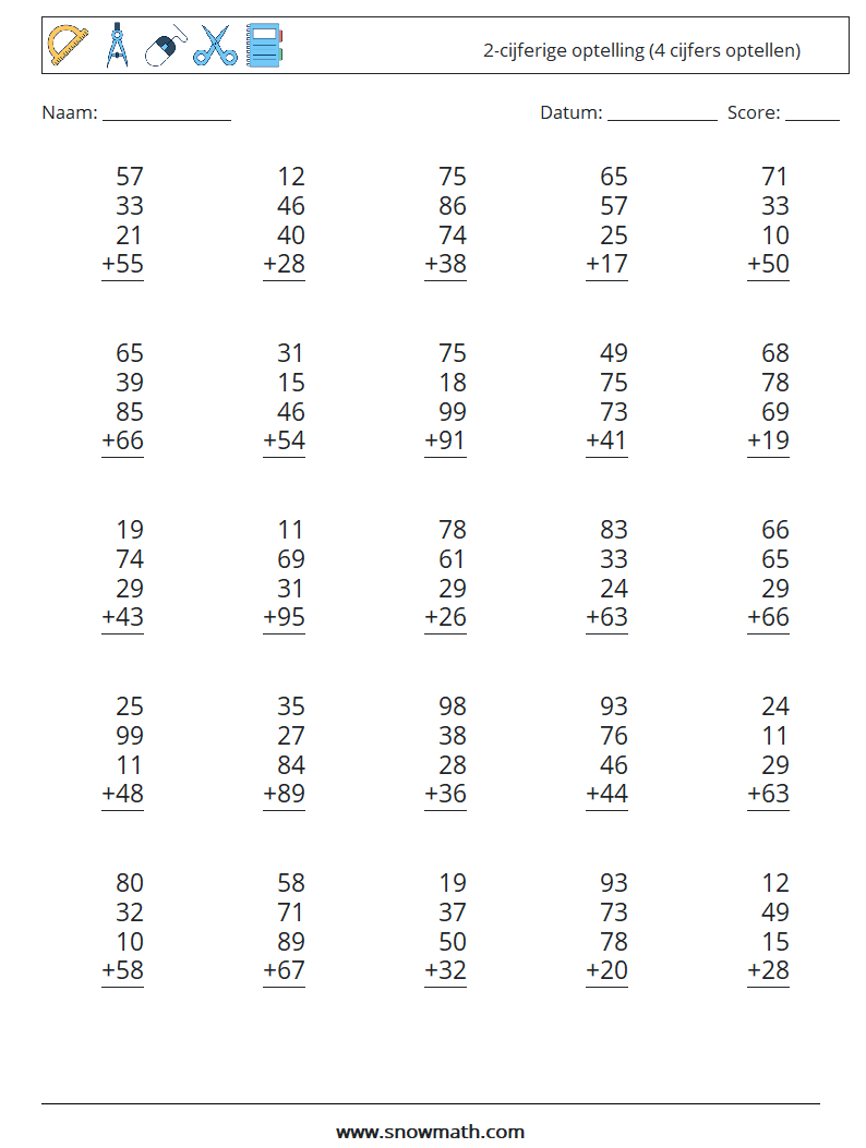 (25) 2-cijferige optelling (4 cijfers optellen) Wiskundige werkbladen 12