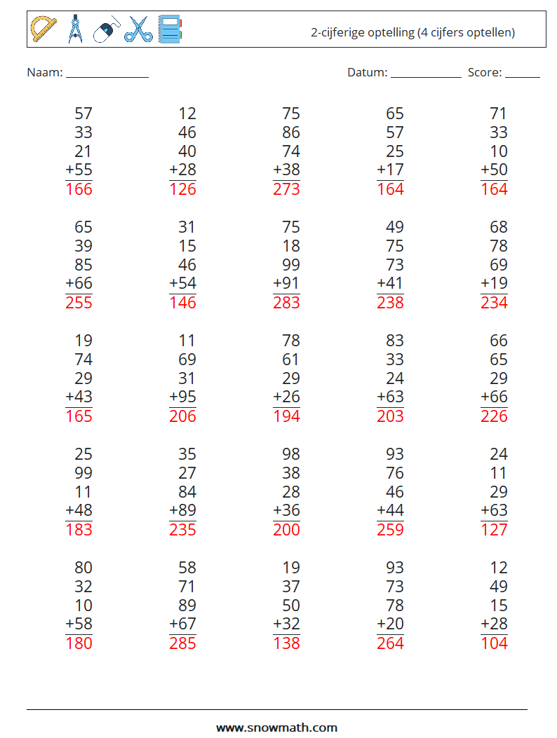(25) 2-cijferige optelling (4 cijfers optellen) Wiskundige werkbladen 12 Vraag, Antwoord
