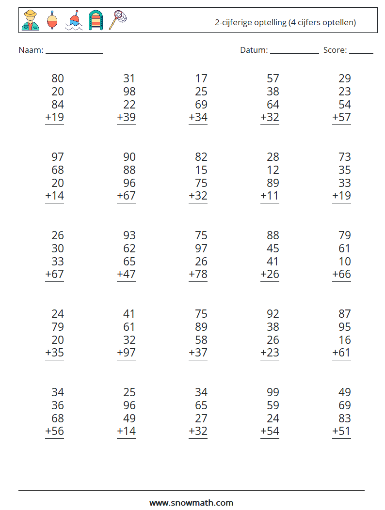 (25) 2-cijferige optelling (4 cijfers optellen) Wiskundige werkbladen 13