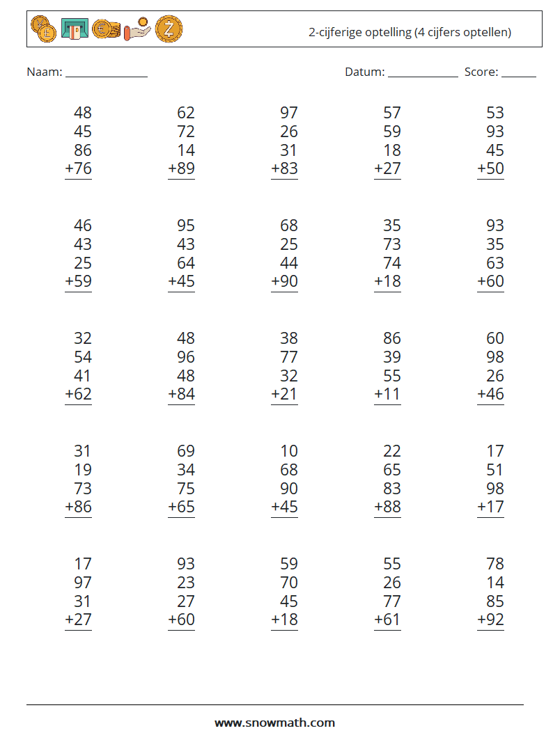 (25) 2-cijferige optelling (4 cijfers optellen) Wiskundige werkbladen 14