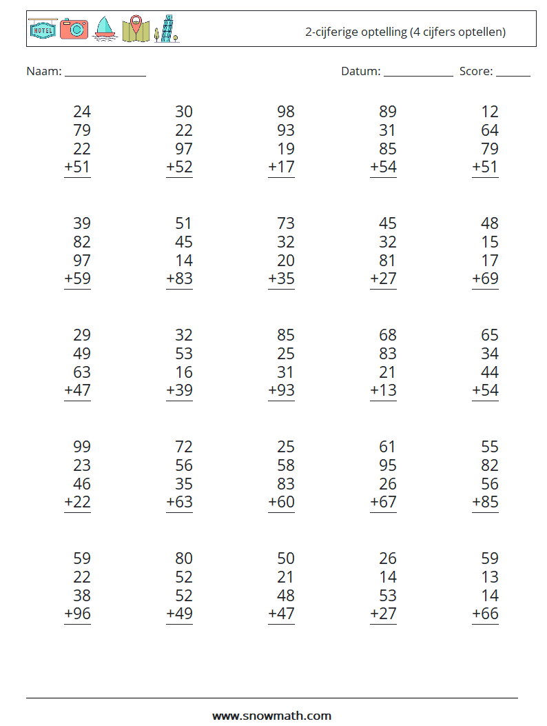 (25) 2-cijferige optelling (4 cijfers optellen) Wiskundige werkbladen 15
