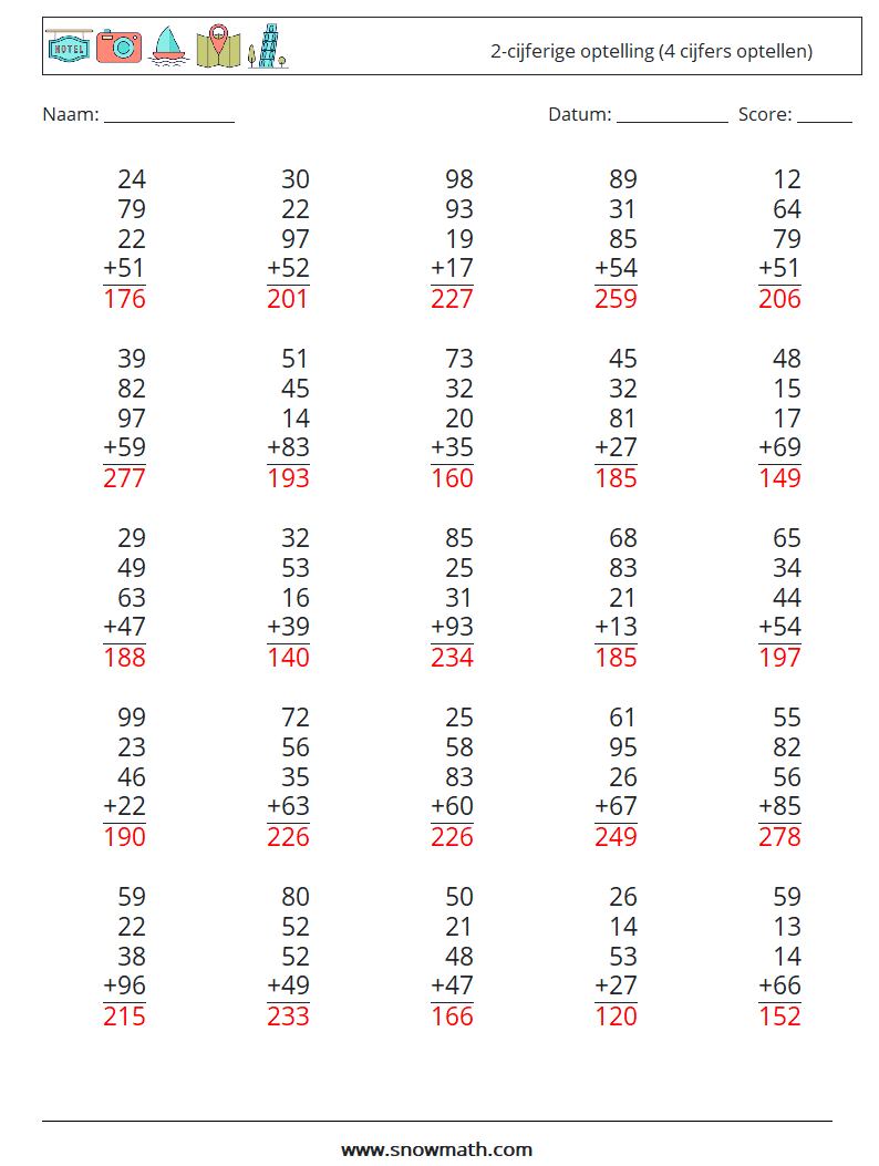 (25) 2-cijferige optelling (4 cijfers optellen) Wiskundige werkbladen 15 Vraag, Antwoord