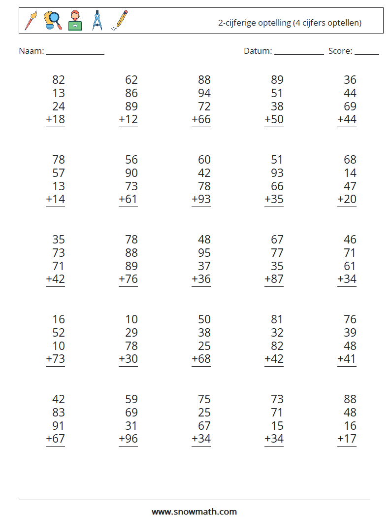 (25) 2-cijferige optelling (4 cijfers optellen) Wiskundige werkbladen 16