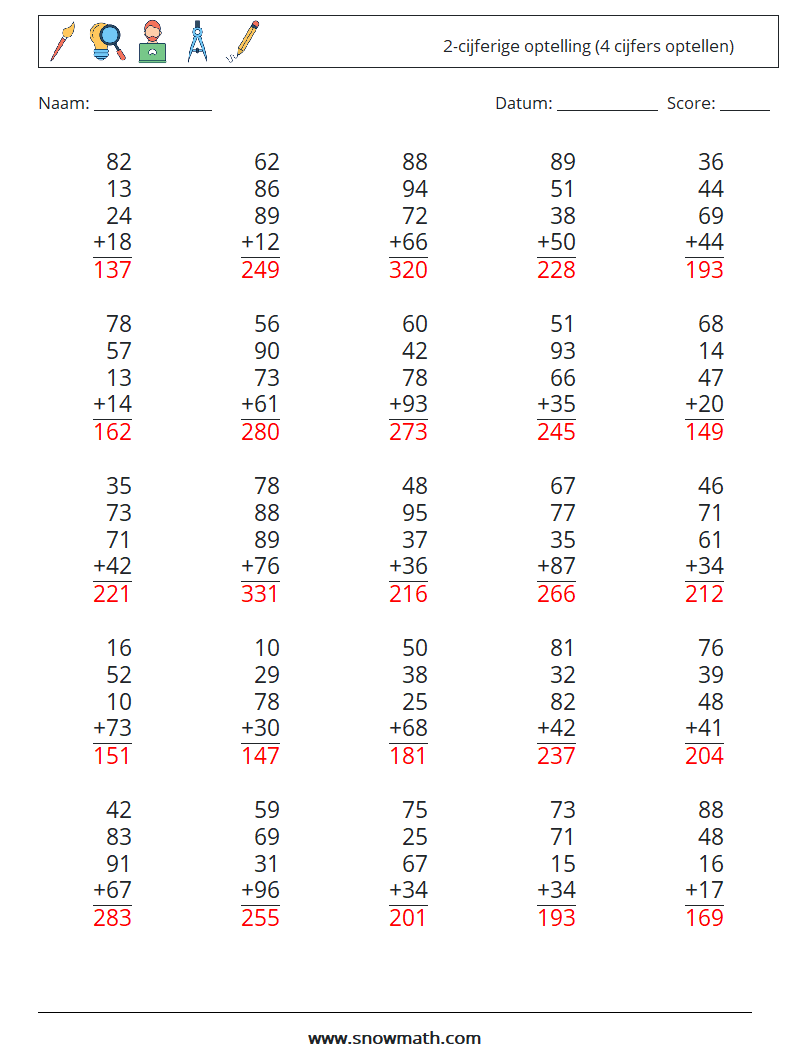 (25) 2-cijferige optelling (4 cijfers optellen) Wiskundige werkbladen 16 Vraag, Antwoord