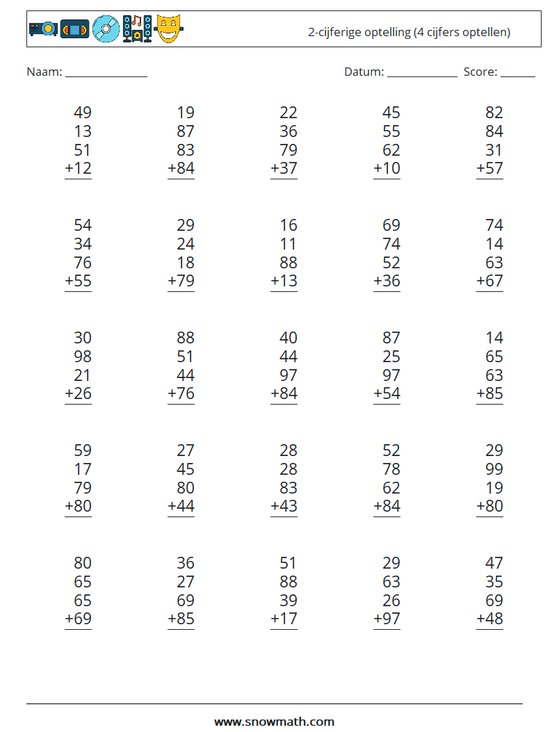 (25) 2-cijferige optelling (4 cijfers optellen) Wiskundige werkbladen 17