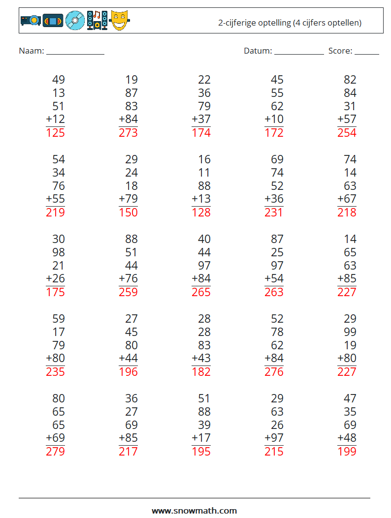 (25) 2-cijferige optelling (4 cijfers optellen) Wiskundige werkbladen 17 Vraag, Antwoord