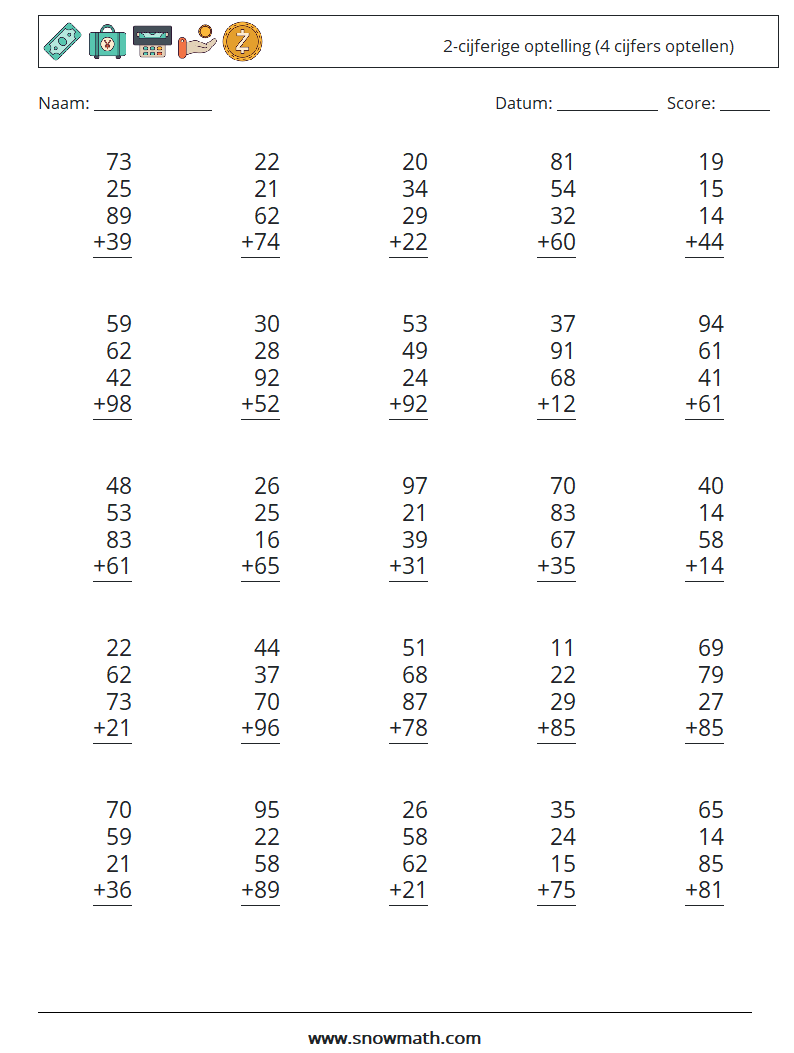 (25) 2-cijferige optelling (4 cijfers optellen) Wiskundige werkbladen 18