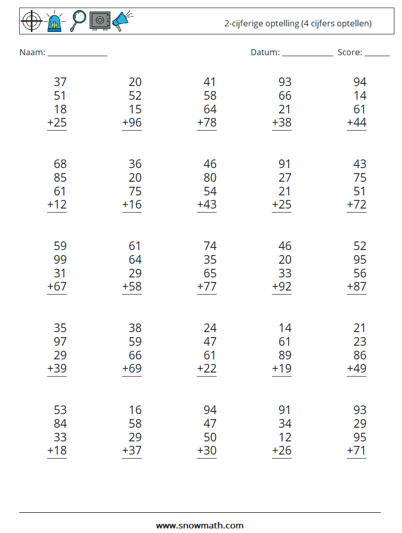 (25) 2-cijferige optelling (4 cijfers optellen) Wiskundige werkbladen 2