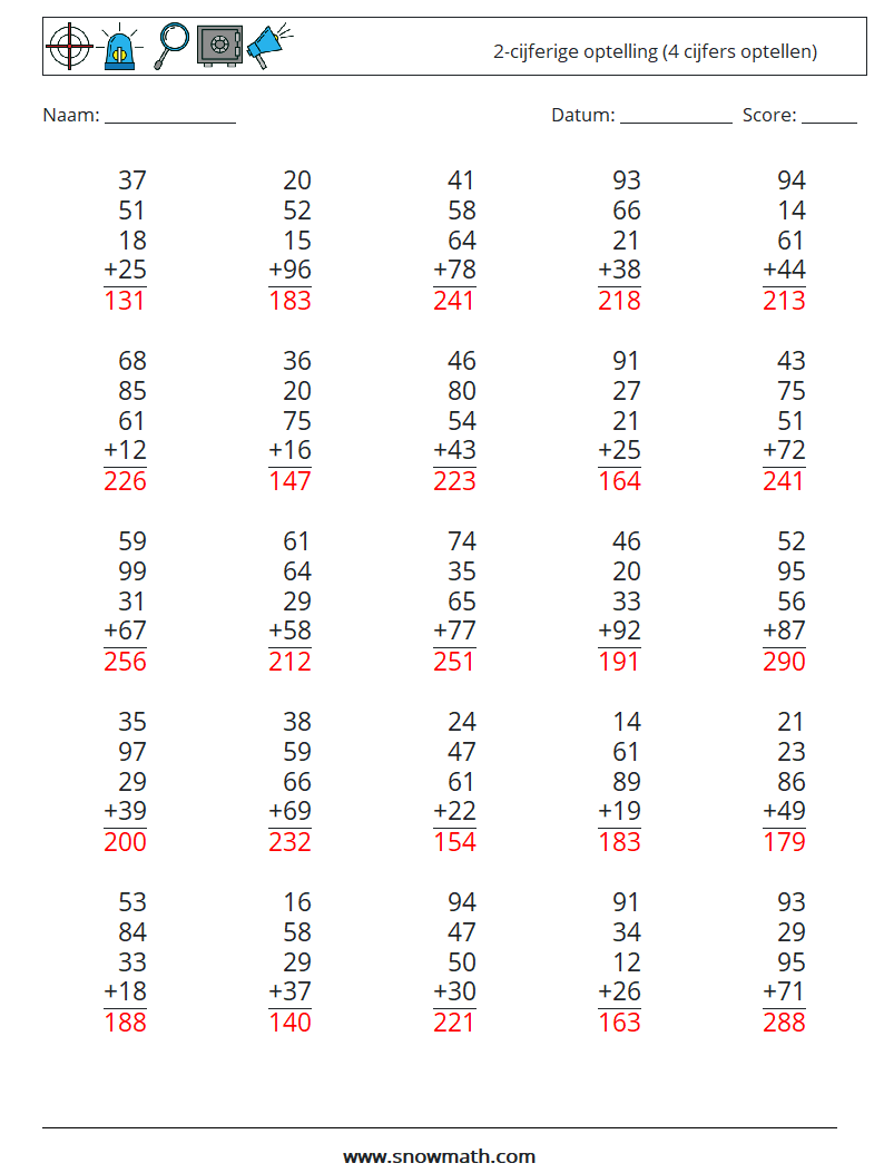 (25) 2-cijferige optelling (4 cijfers optellen) Wiskundige werkbladen 2 Vraag, Antwoord