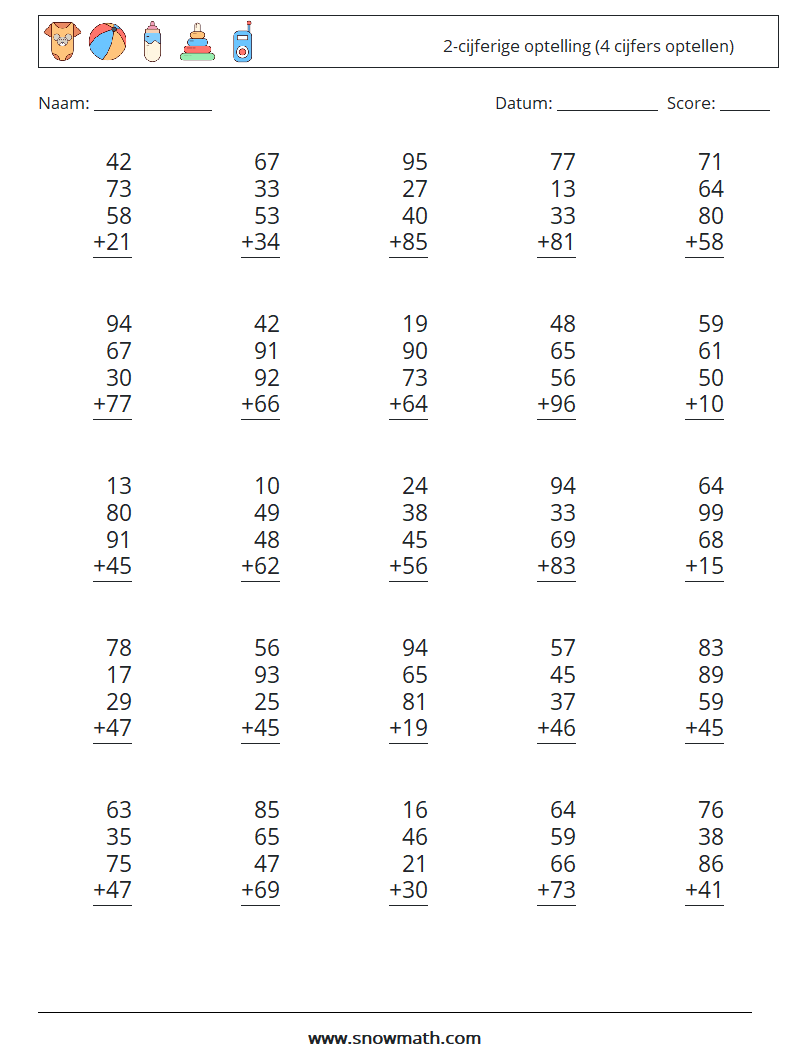 (25) 2-cijferige optelling (4 cijfers optellen) Wiskundige werkbladen 4
