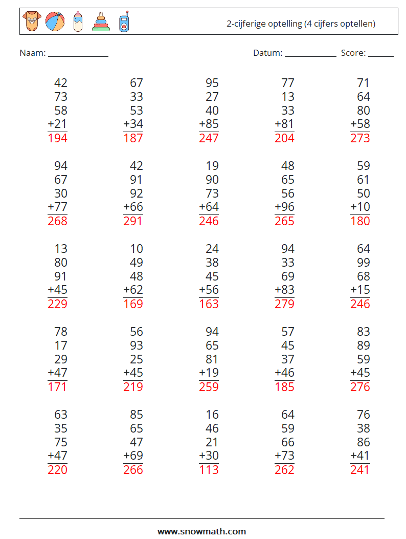 (25) 2-cijferige optelling (4 cijfers optellen) Wiskundige werkbladen 4 Vraag, Antwoord