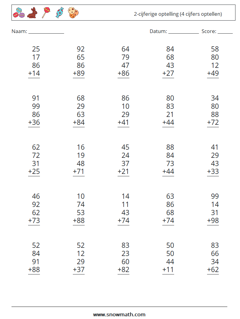 (25) 2-cijferige optelling (4 cijfers optellen) Wiskundige werkbladen 5