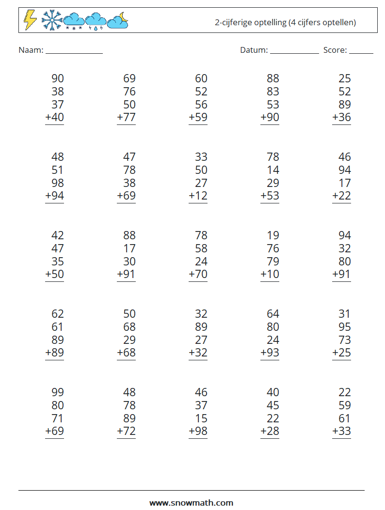 (25) 2-cijferige optelling (4 cijfers optellen) Wiskundige werkbladen 6
