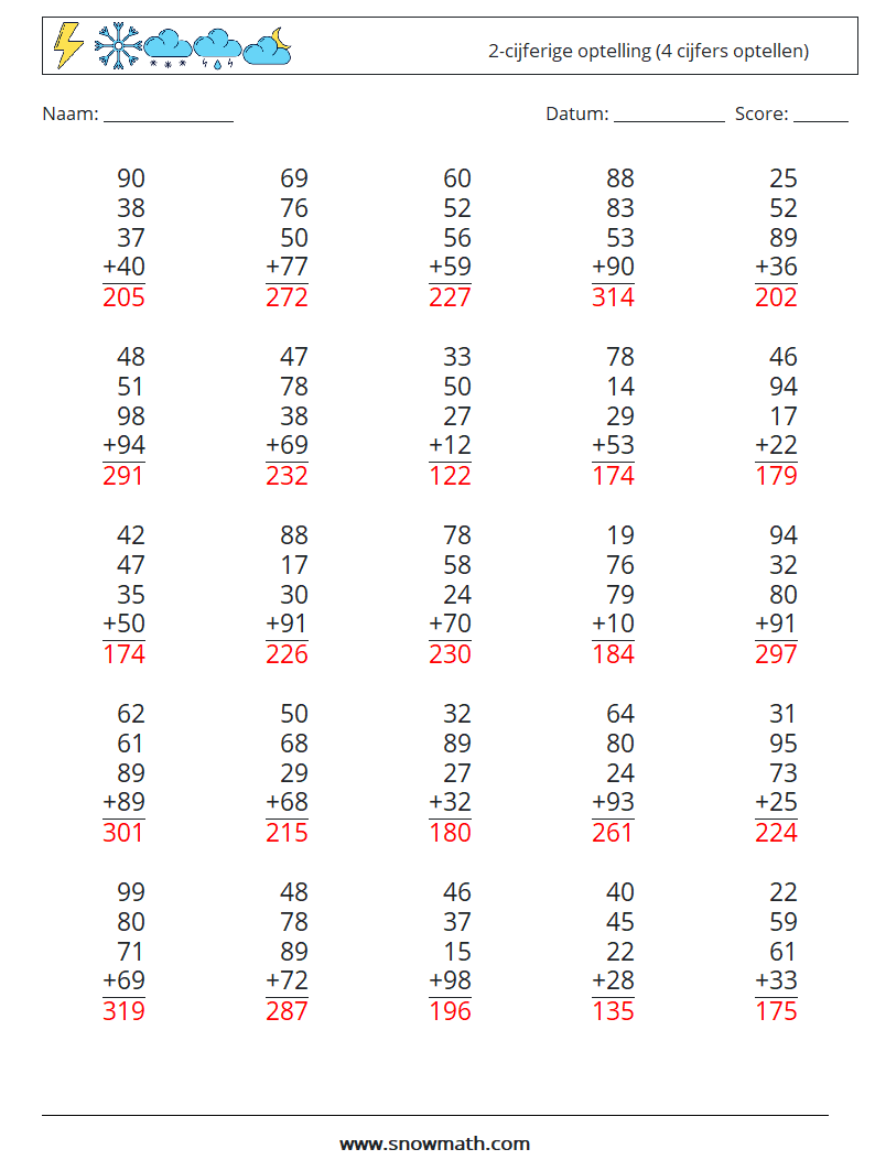 (25) 2-cijferige optelling (4 cijfers optellen) Wiskundige werkbladen 6 Vraag, Antwoord