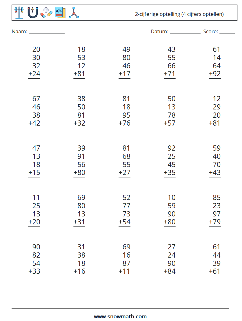 (25) 2-cijferige optelling (4 cijfers optellen) Wiskundige werkbladen 7