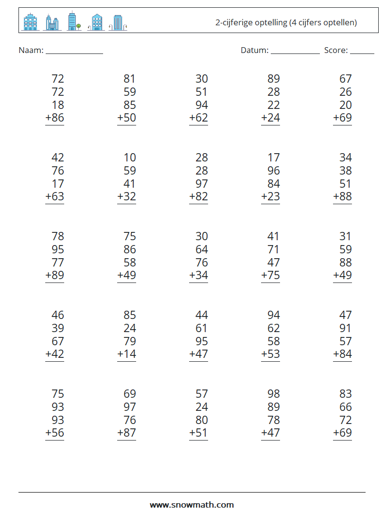 (25) 2-cijferige optelling (4 cijfers optellen) Wiskundige werkbladen 8