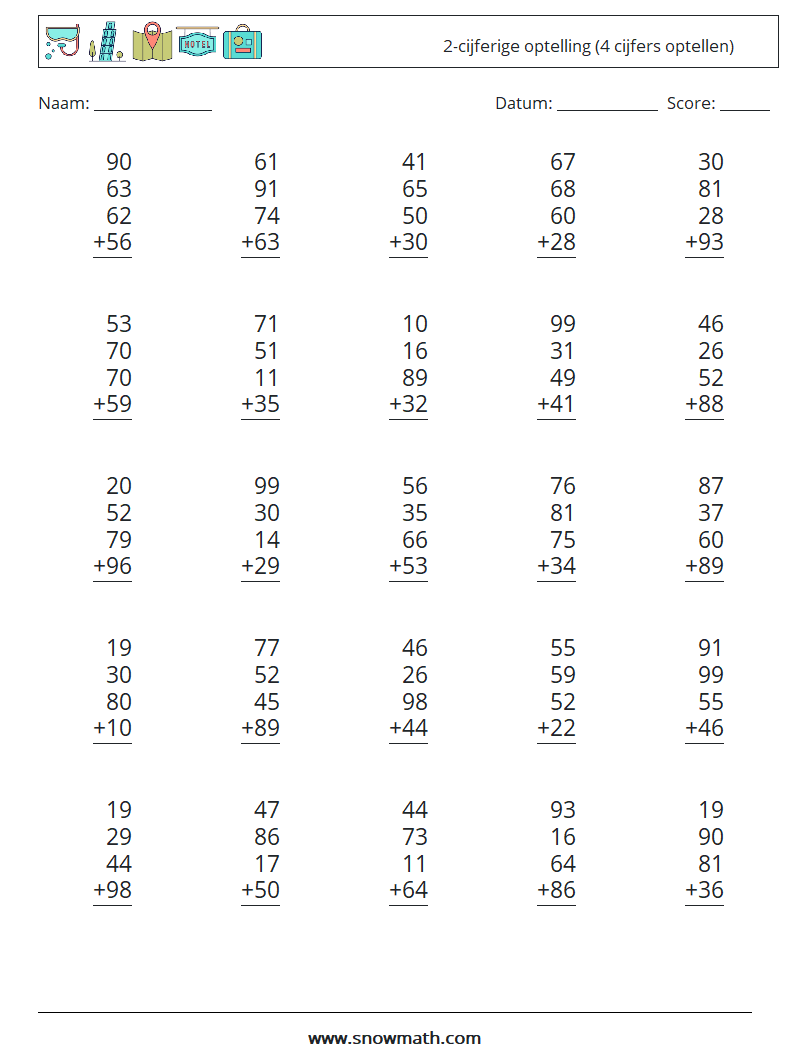 (25) 2-cijferige optelling (4 cijfers optellen) Wiskundige werkbladen 9