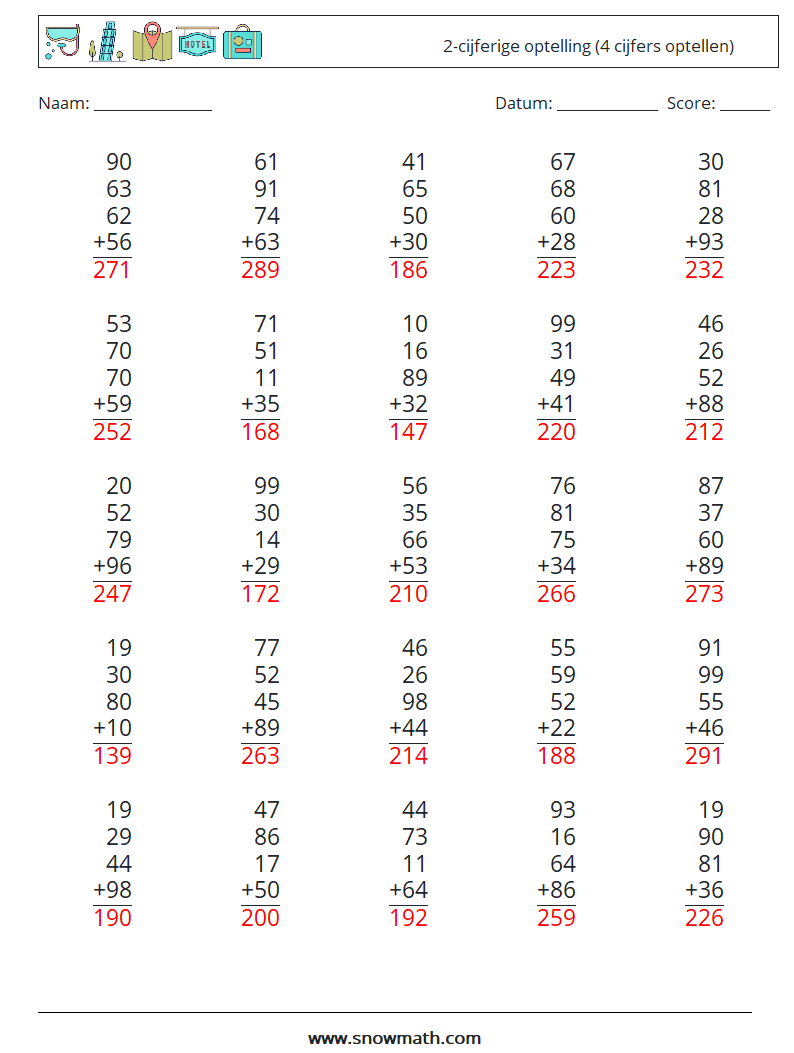 (25) 2-cijferige optelling (4 cijfers optellen) Wiskundige werkbladen 9 Vraag, Antwoord