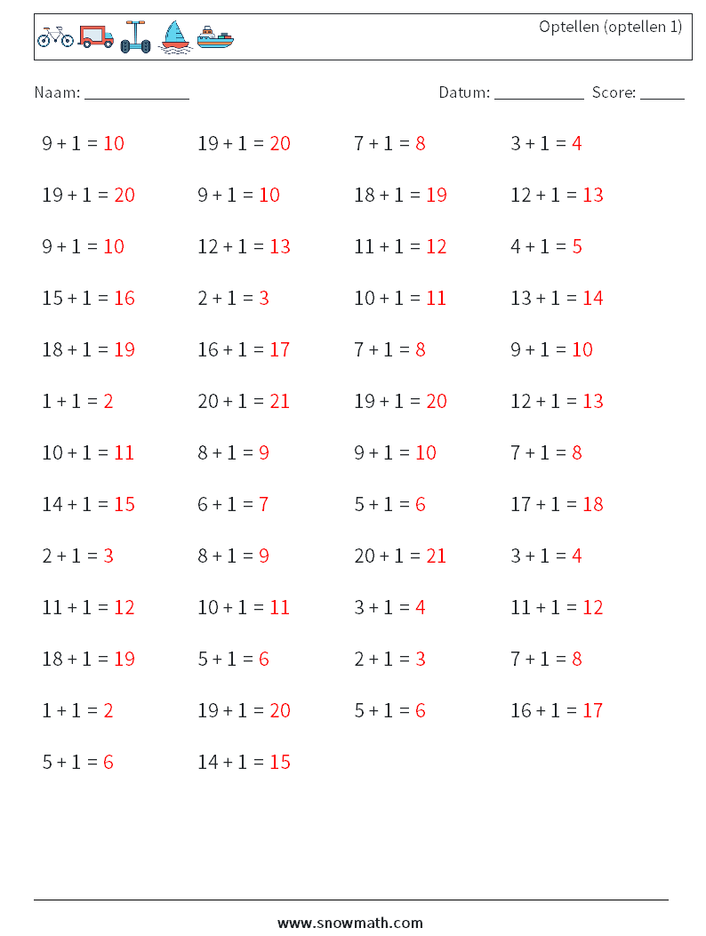 (50) Optellen (optellen 1) Wiskundige werkbladen 2 Vraag, Antwoord