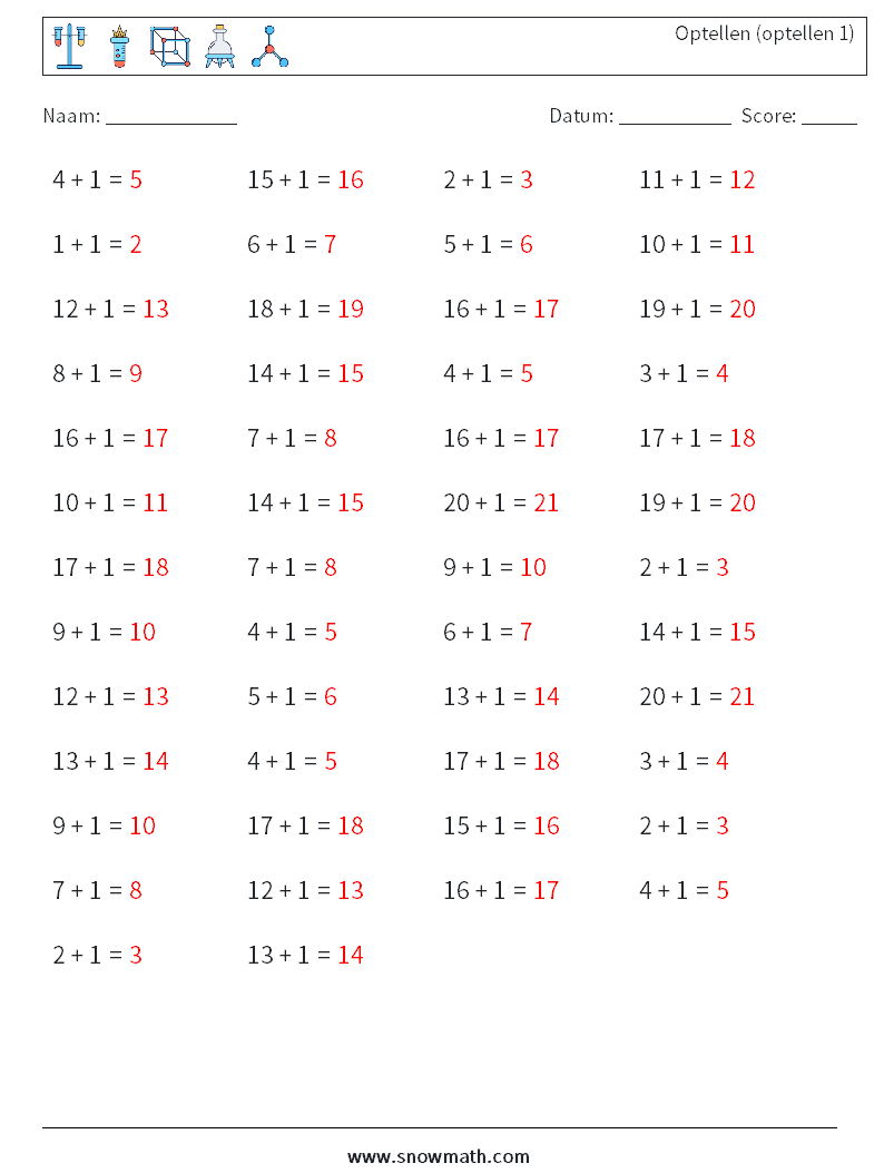 (50) Optellen (optellen 1) Wiskundige werkbladen 4 Vraag, Antwoord