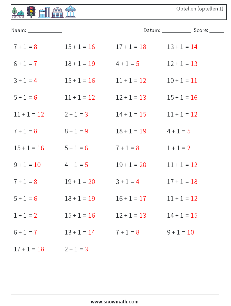 (50) Optellen (optellen 1) Wiskundige werkbladen 6 Vraag, Antwoord