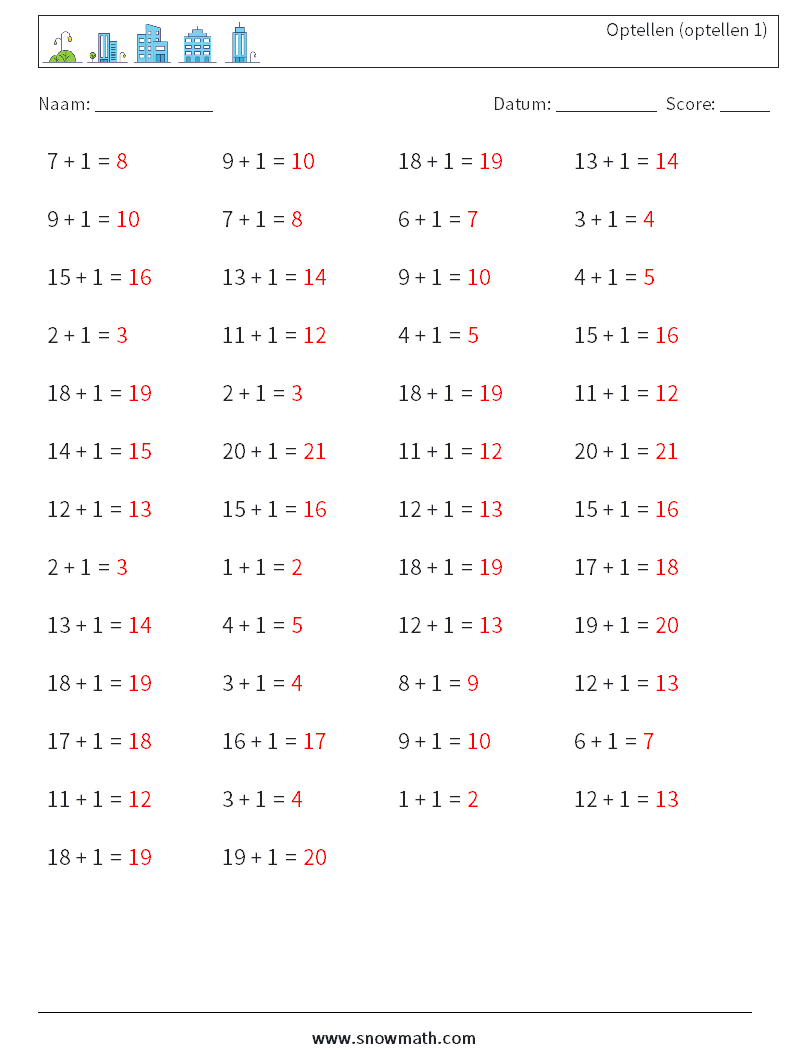 (50) Optellen (optellen 1) Wiskundige werkbladen 8 Vraag, Antwoord