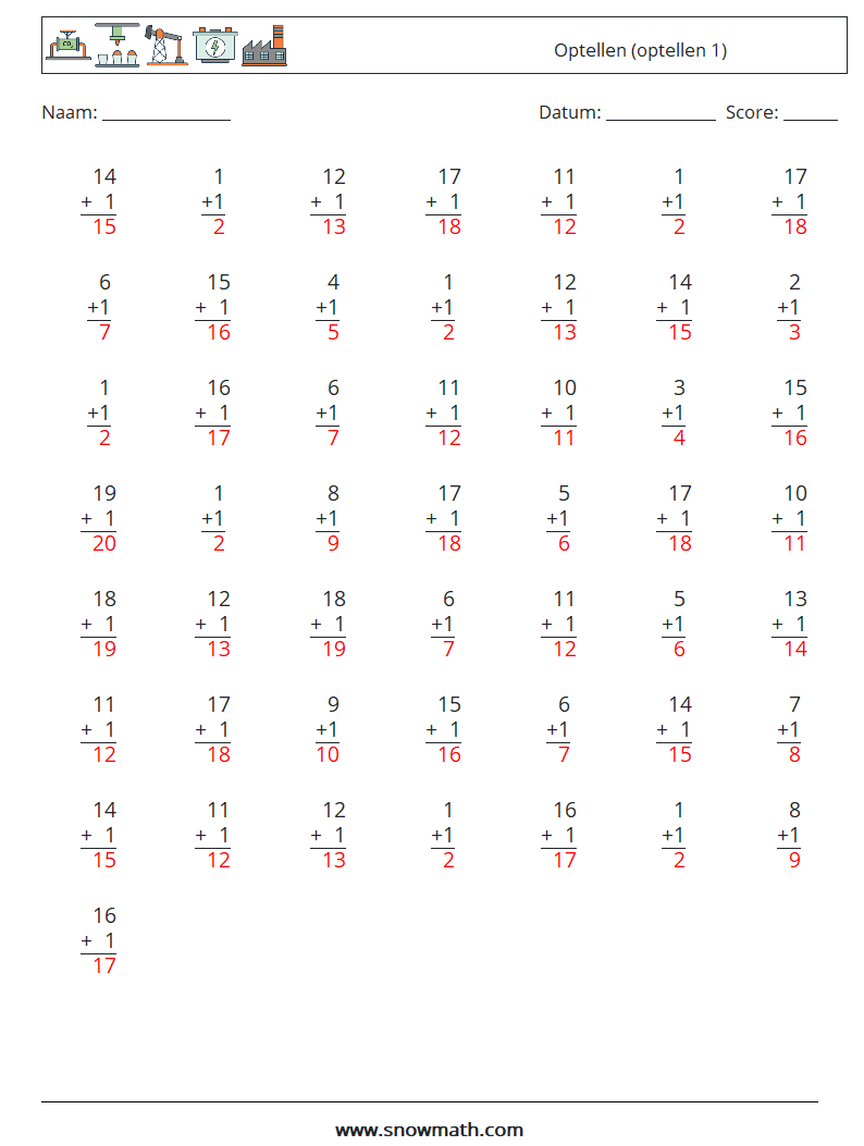 (50) Optellen (optellen 1) Wiskundige werkbladen 11 Vraag, Antwoord