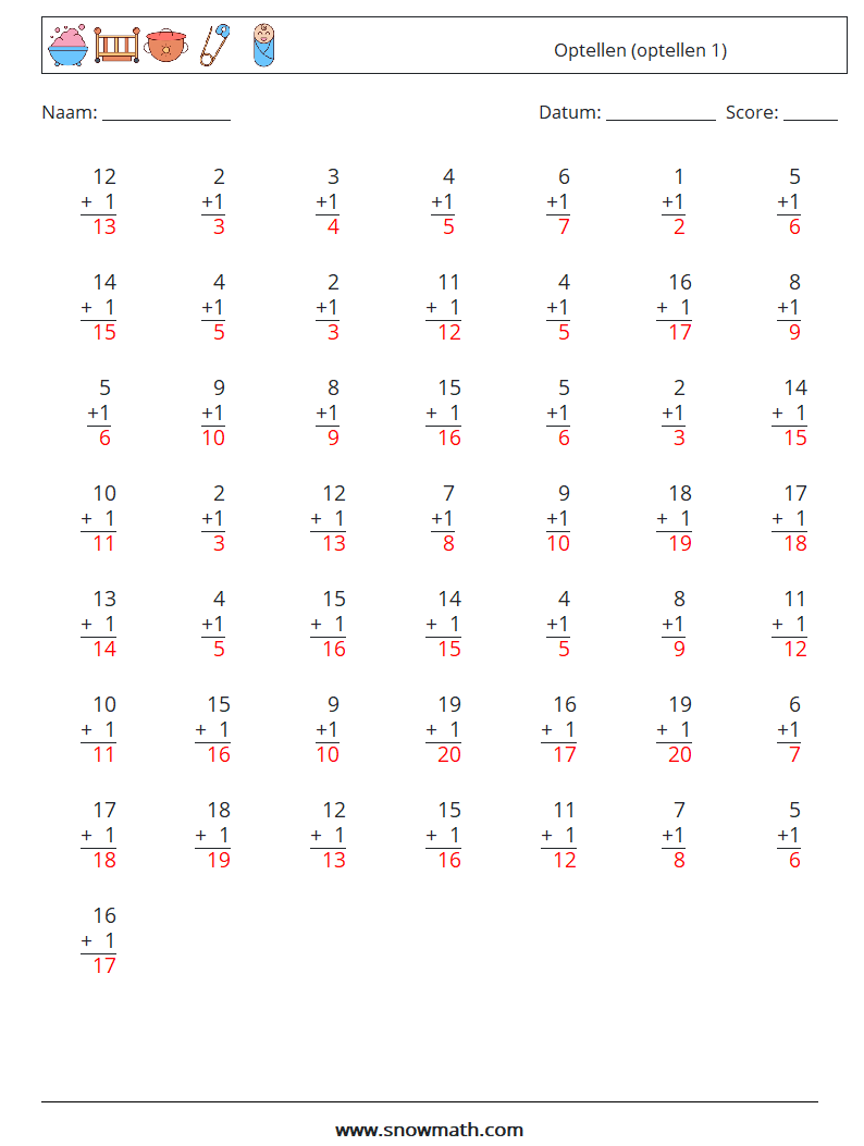 (50) Optellen (optellen 1) Wiskundige werkbladen 12 Vraag, Antwoord