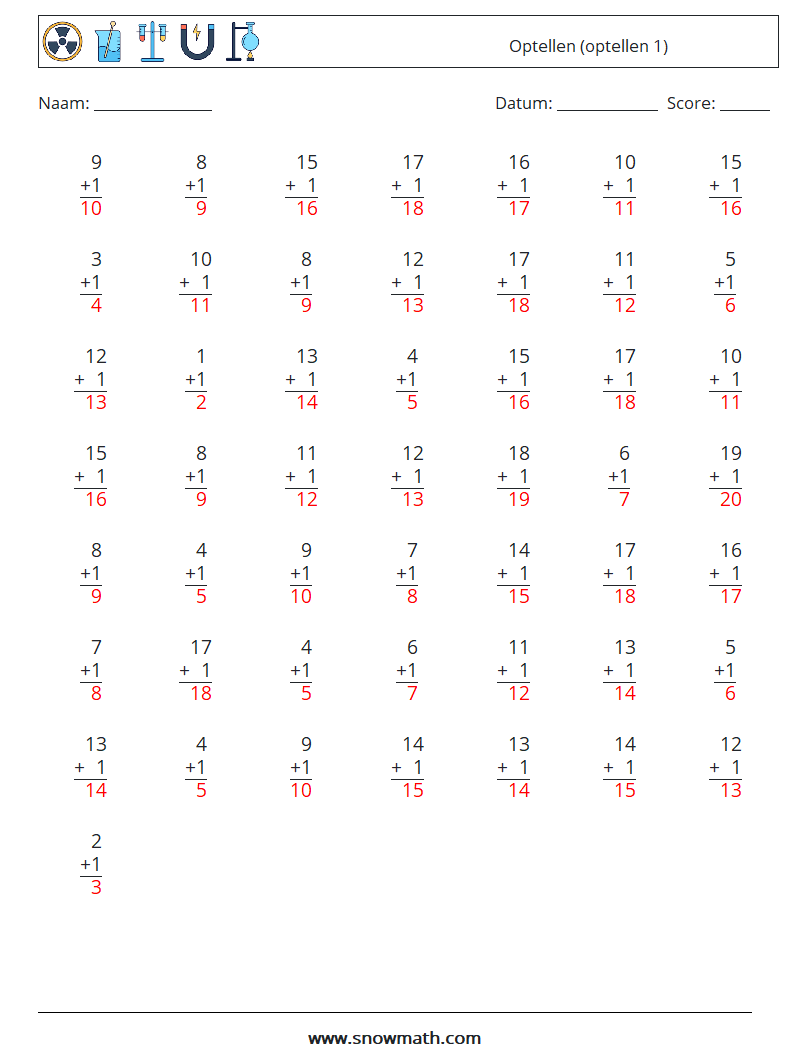 (50) Optellen (optellen 1) Wiskundige werkbladen 13 Vraag, Antwoord