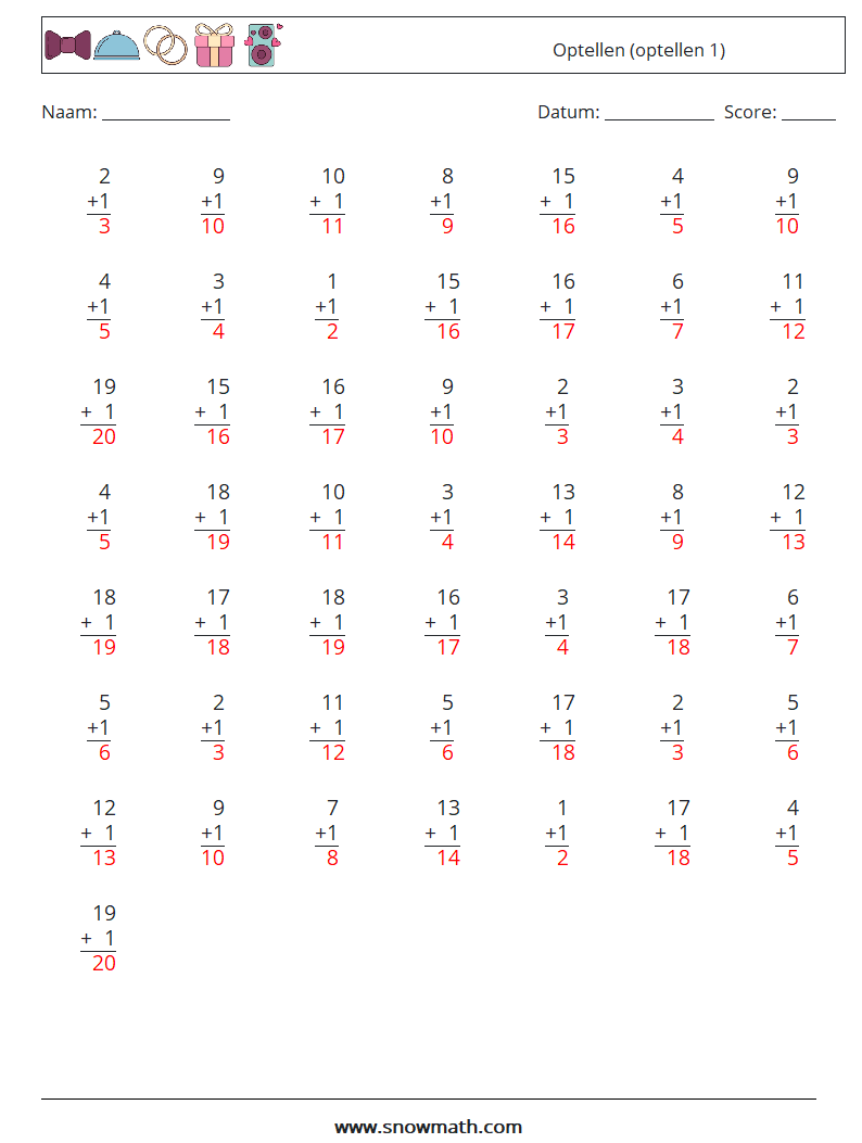 (50) Optellen (optellen 1) Wiskundige werkbladen 15 Vraag, Antwoord