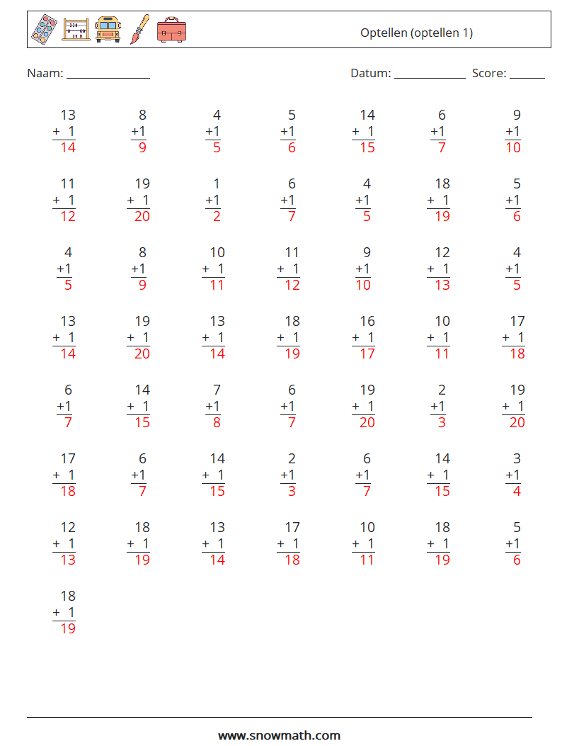 (50) Optellen (optellen 1) Wiskundige werkbladen 17 Vraag, Antwoord