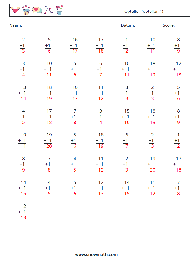 (50) Optellen (optellen 1) Wiskundige werkbladen 18 Vraag, Antwoord