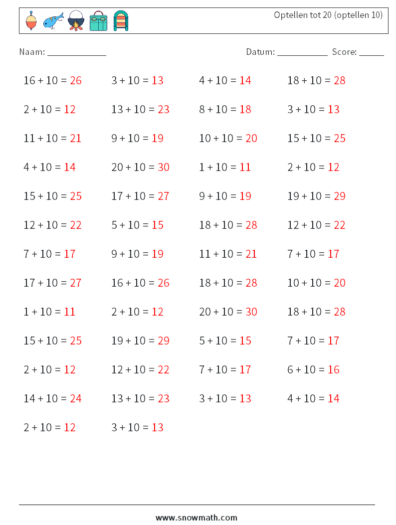 (50) Optellen tot 20 (optellen 10) Wiskundige werkbladen 1 Vraag, Antwoord