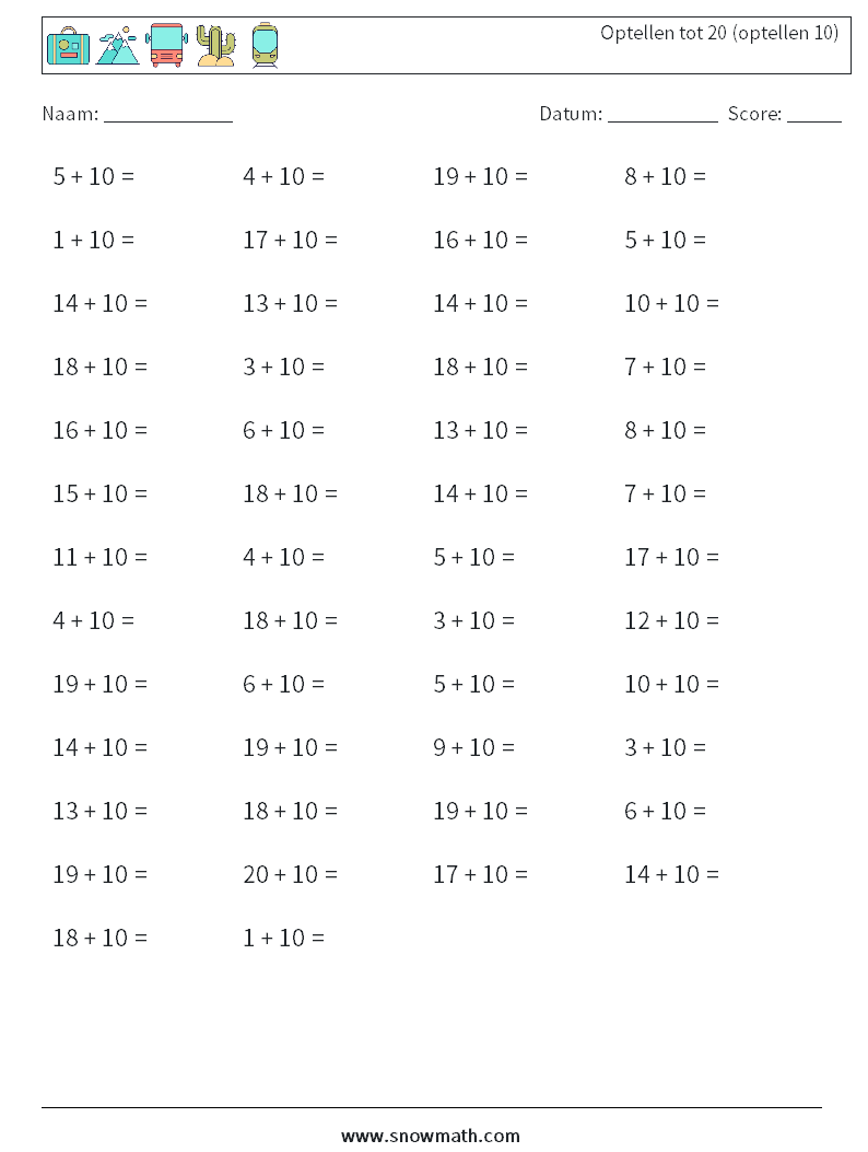 (50) Optellen tot 20 (optellen 10) Wiskundige werkbladen 2