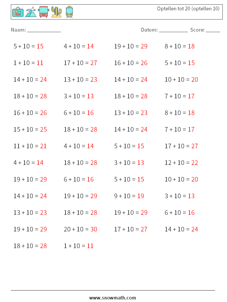 (50) Optellen tot 20 (optellen 10) Wiskundige werkbladen 2 Vraag, Antwoord