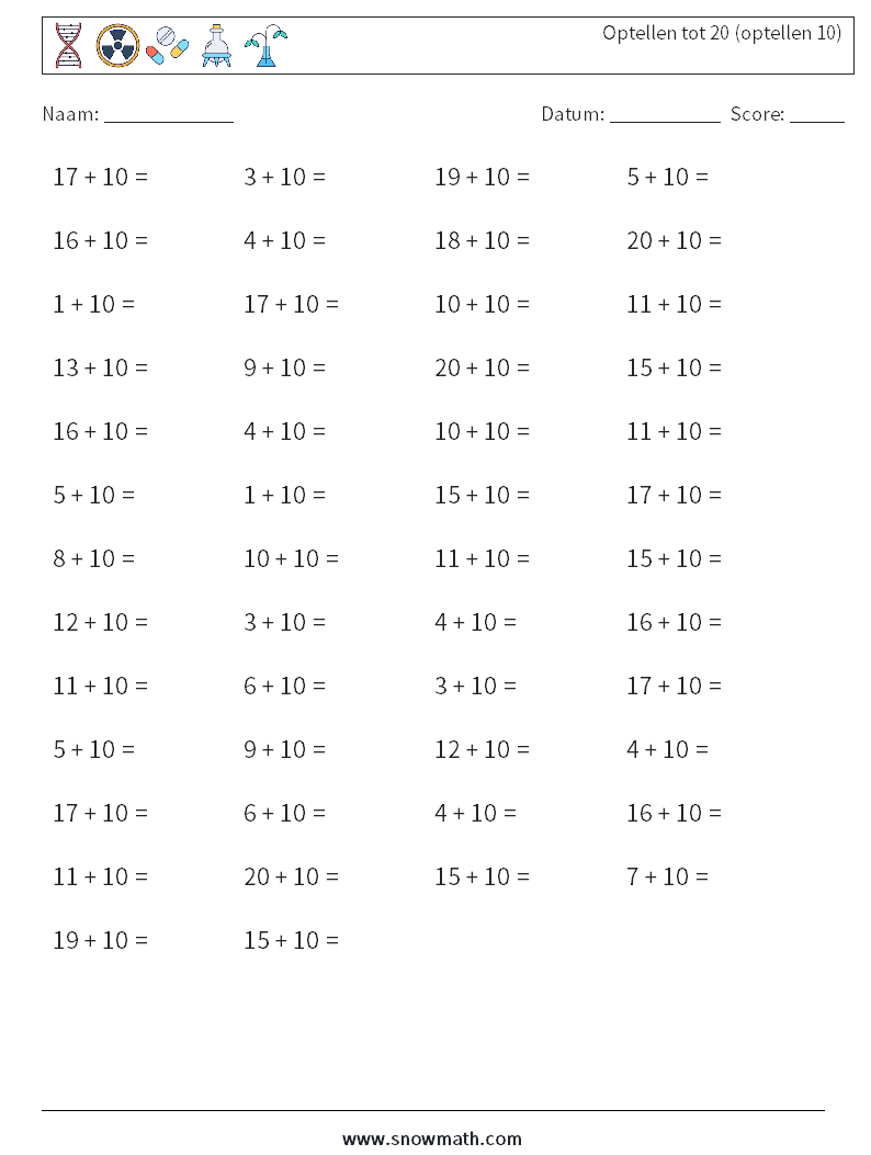 (50) Optellen tot 20 (optellen 10) Wiskundige werkbladen 4