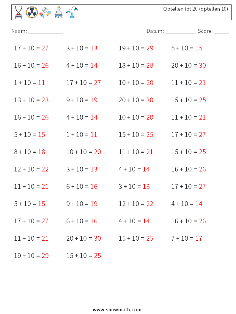 (50) Optellen tot 20 (optellen 10) Wiskundige werkbladen 4 Vraag, Antwoord